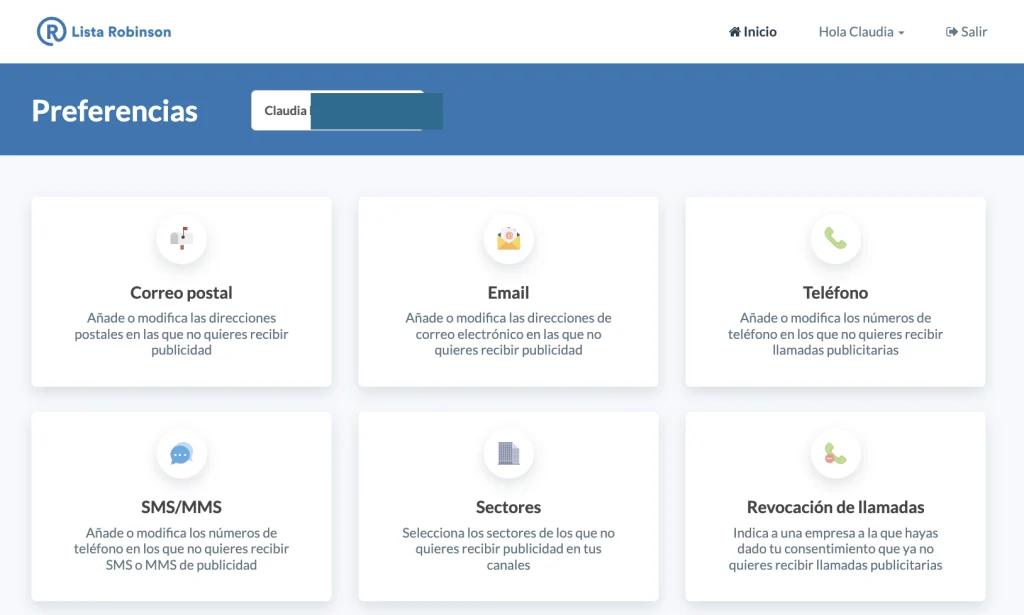 Opciones de añadir a la Lista Robinson