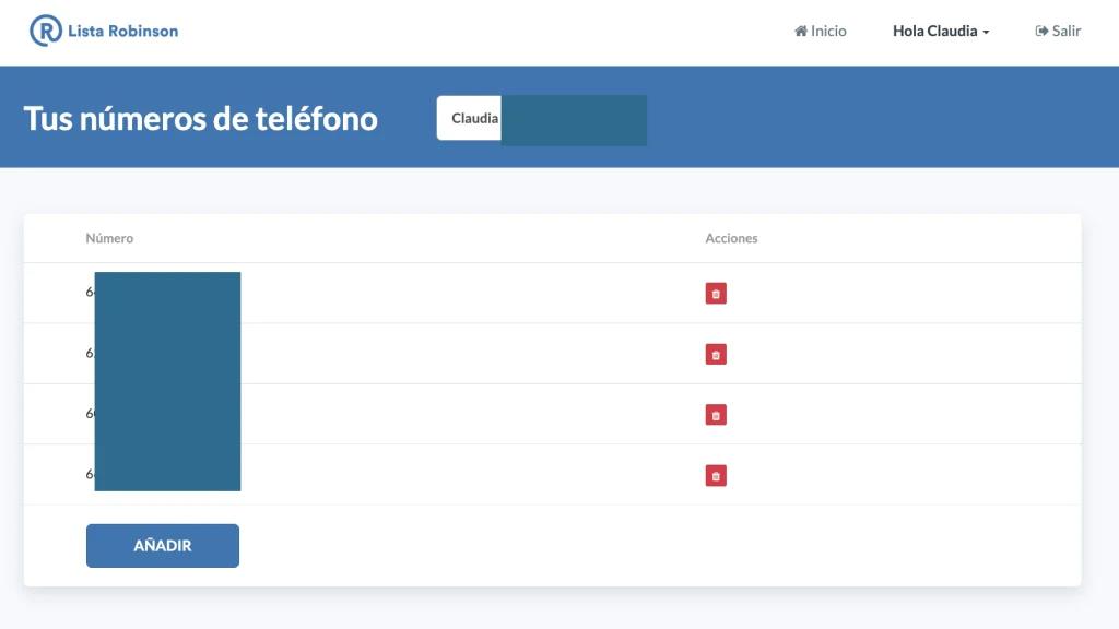 Números de teléfono Lista Robinson