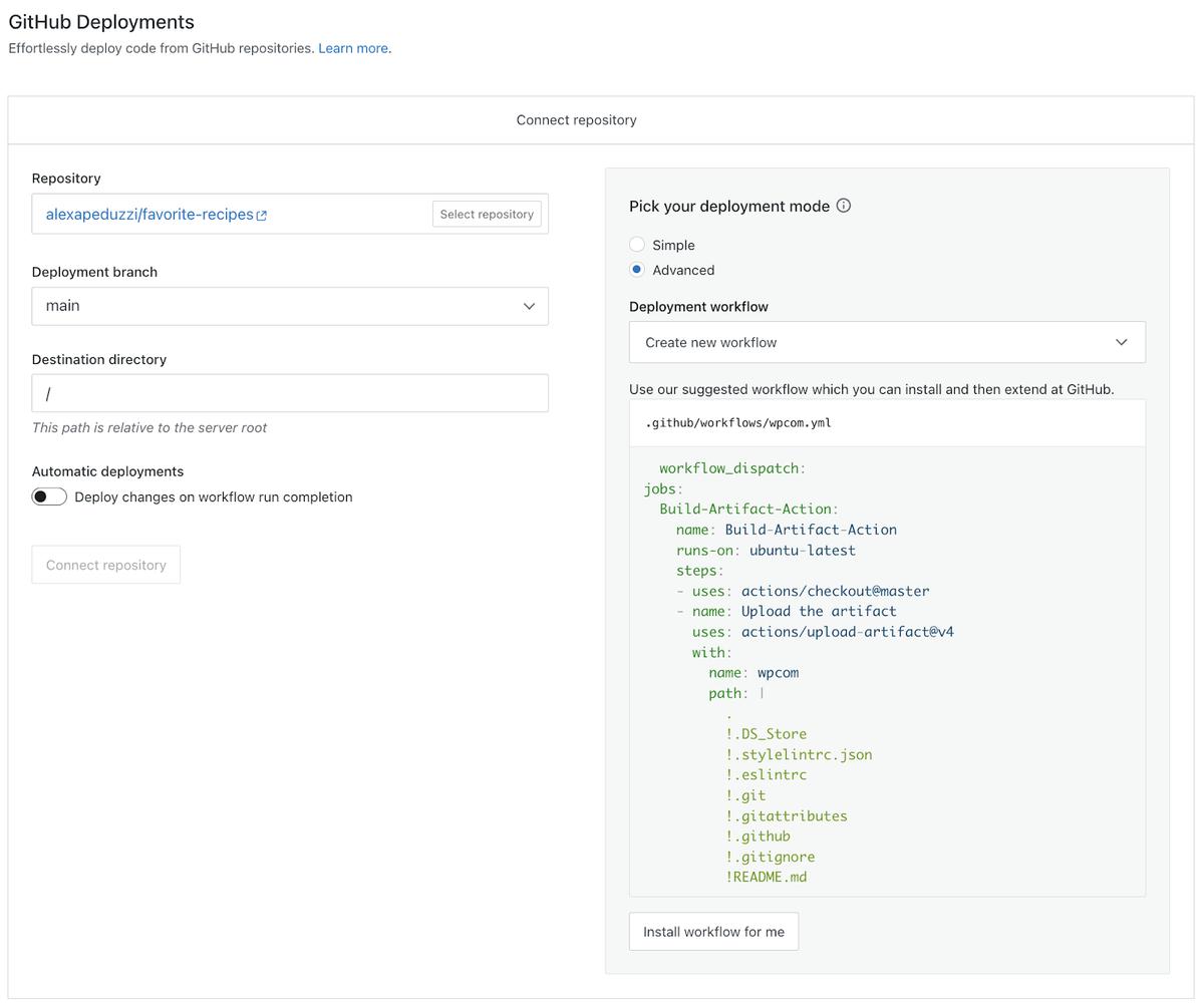 WordPress.coms GitHub Deployments page for connecting repositories with fields for Repository, Deployment branch, Destination directory, and Automatic deployments. Advanced deployment mode is selected, showing a workflow.