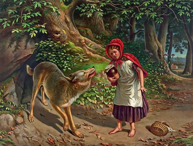 Ilustración de caperucita con el lobo en el bosque