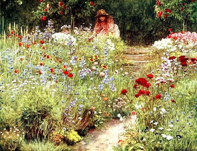 Imagen en acuarela de un jardín lleno de flores y una muchacha recogiendo