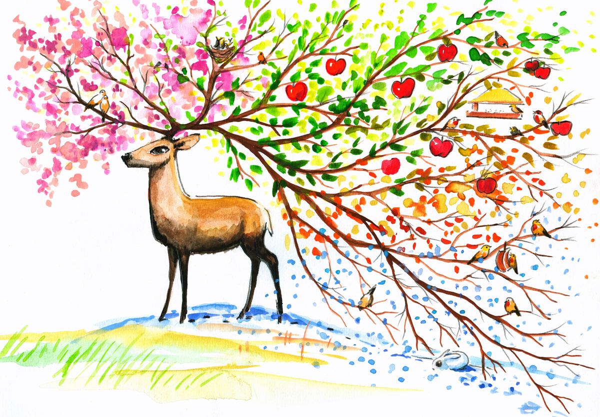 Dibujo de un ciervo con antenas como si fueran ramas y todas las estaciones en ellas