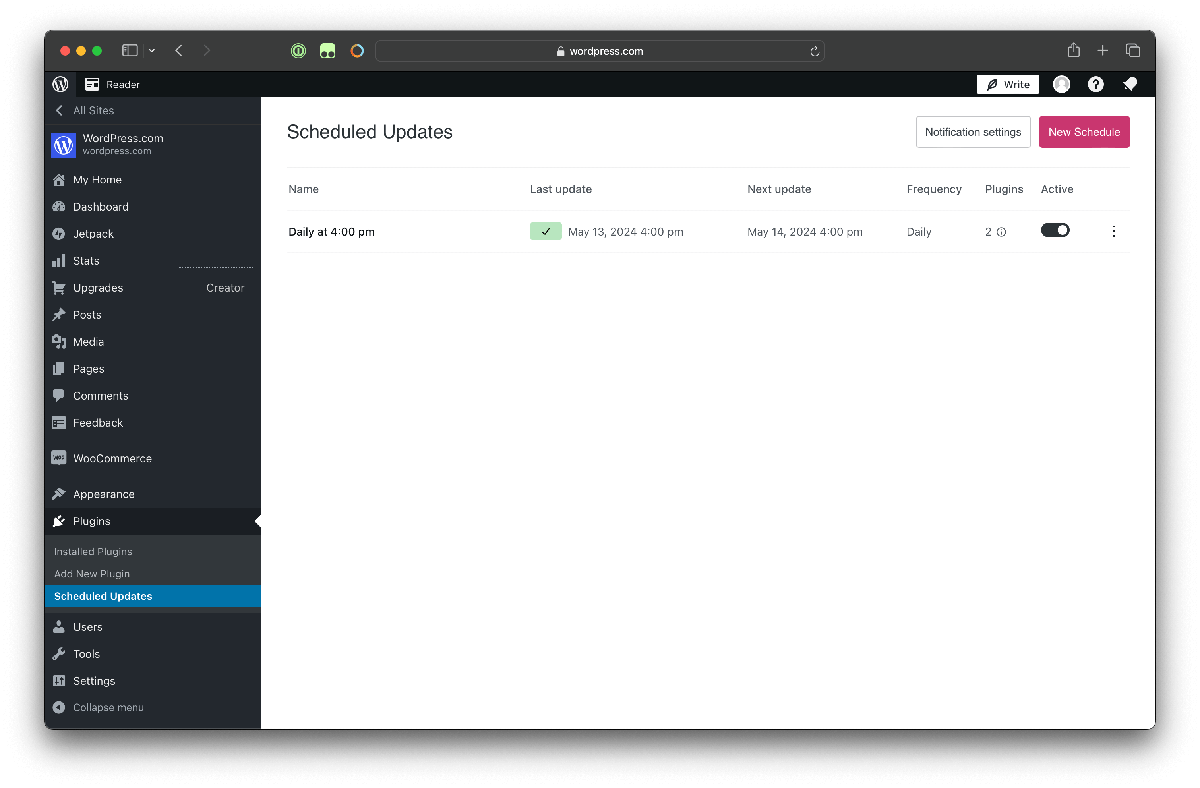 WordPress.com scheduled plugin updates dashboard, with one schedule set up. 