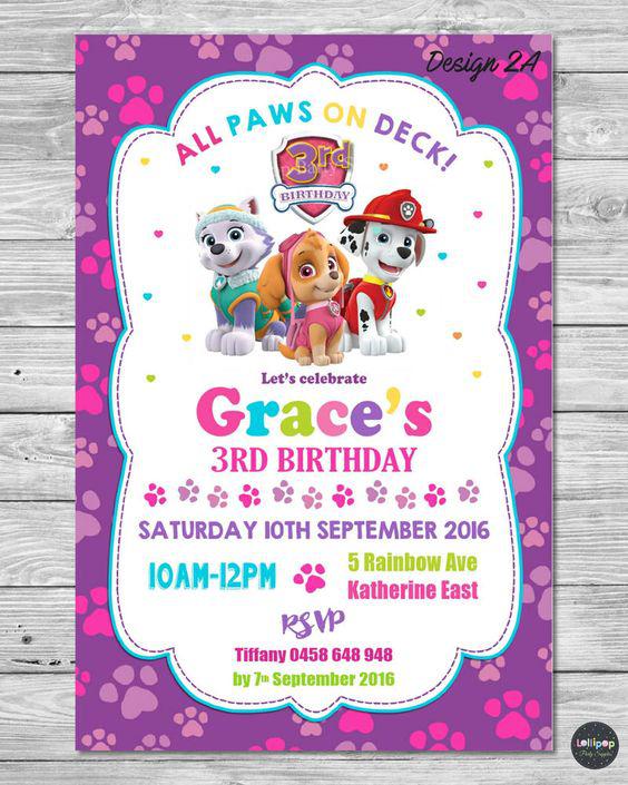 Invitaciones para Fiestas de paw patrol para niña