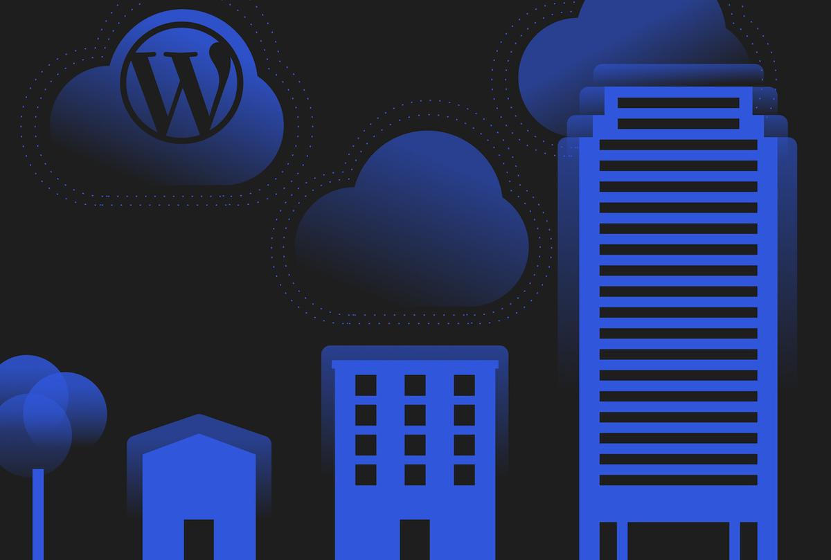blue buildings going from small to tall with a blue cloud with the WordPress logo in it on a black background