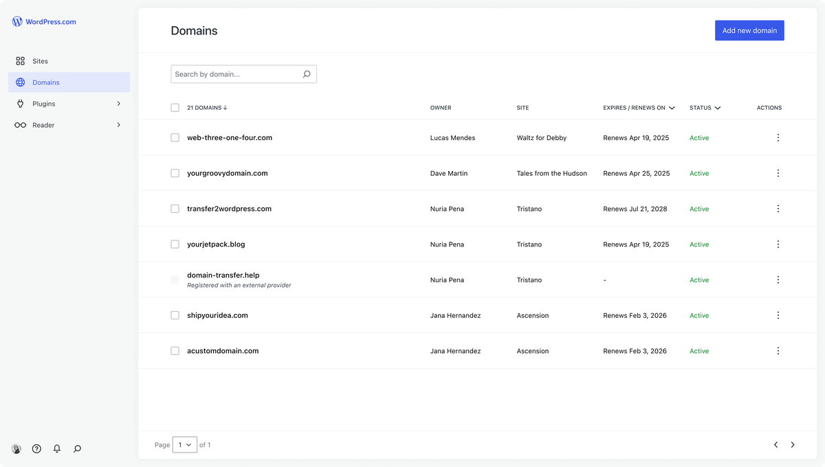 Overview of the new domains management dashboard at WordPress.com 