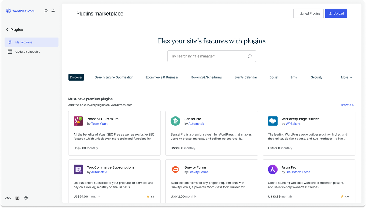 WordPress.coms plugin marketplace, shown from within the new hosting dashboard. 