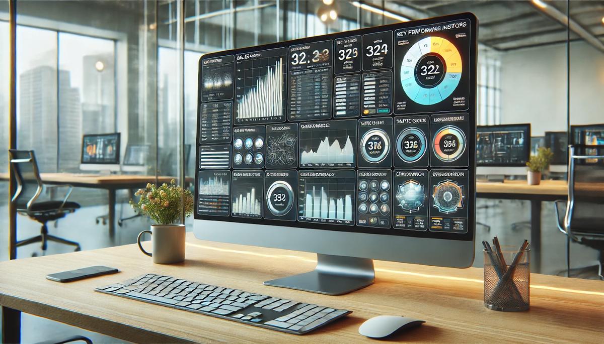 Pantalla de ordenador mostrando un cuadro de mando con múltiples estadísticas, y gráficos de actividad.