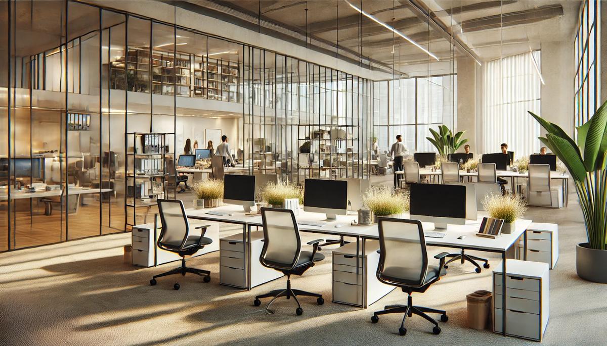 Plano general de una oficina diáfana con puestos de trabajo e iluminación natural.