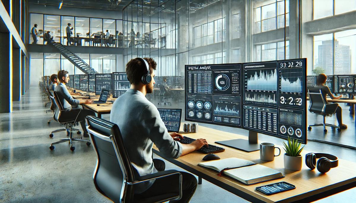 imagen de varios operadores delante de sus monitores mostrando estadísticas, cifras y gráficos de actividad.