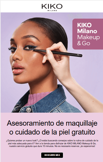 Ejemplo email marketing con contenido de valor para su target, ofreciendo asesoramiento de maquillaje o cuidad de la piel gratuito.