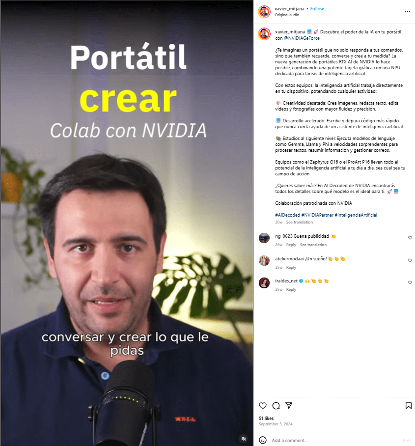 Ejemplo influencer Xavier Mitjana anunciando un ordenador portátil y explicando sus beneficios con ejemplos prácticos.