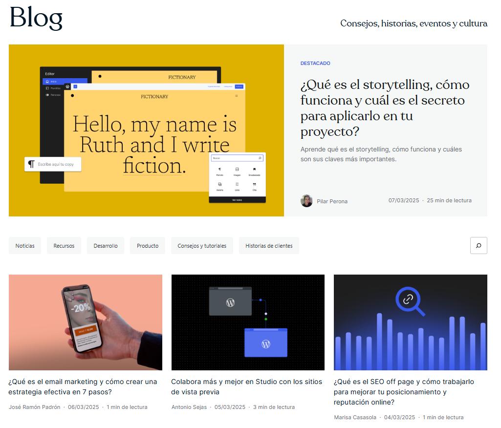 Portada del blog de WordPress mostrando diferentes entradas.