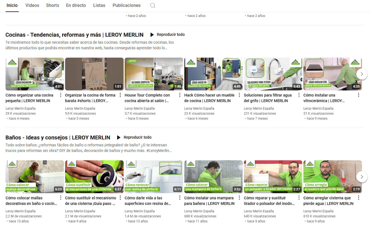 Ejemplo de Inbound Marketing, canal de YouTube de Leroy Merlin con vídeos sobre cómo utilizar sus materiales con ejemplos prácticos de instalaciones y reparaciones.