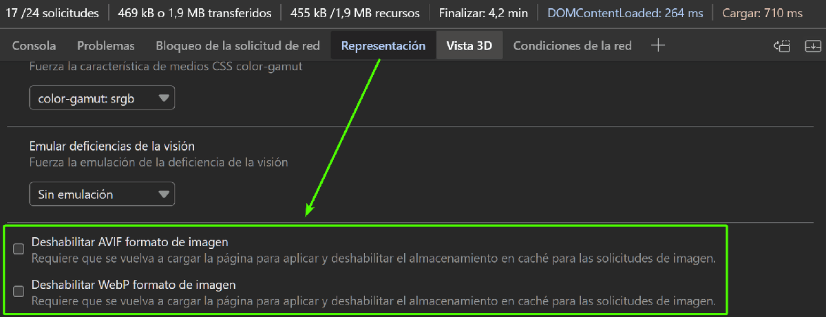 Desactivar formato de imagen AVIF y WebP en las herramientas de desarrollo del navegador de Chrome