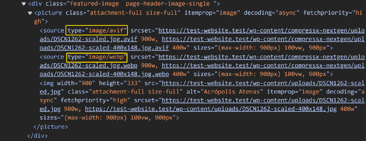Código HTML con una etiqueta picture y los diferentes tipos de imagen AVIF y WebP en las etiquetas source