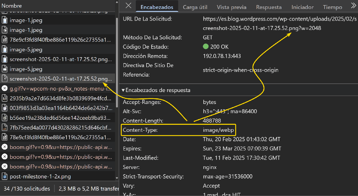 Cabeceras de la petición de un archivo con extensión png y mostrando como su MIME Type es en realidad WebP