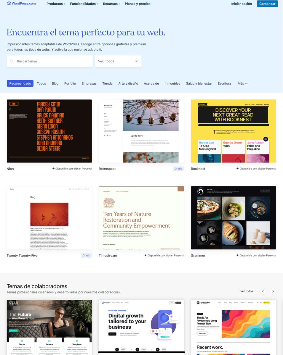 El directorio de temas de WordPress.com mostrando temas recomendados.