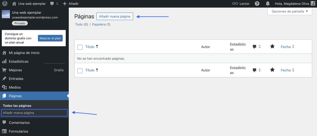 Flechas azules indican dónde hacer clic para añadir una página nueva en el escritorio de WordPress.com.
