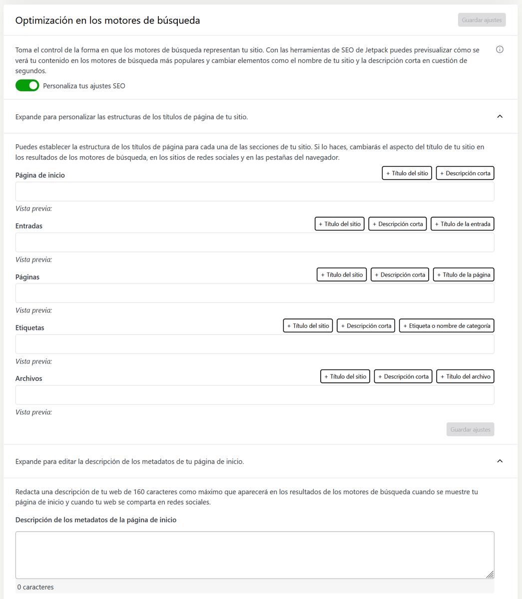 Opciones de Jetpack SEO para la página de inicio, entradas. páginas, etiquetas y archivos.