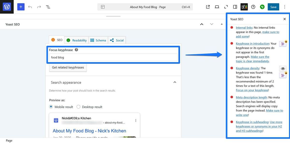 Cuadros azules y flechas mostrando análisis de SEO del plugin Yoast SEO en WordPress.