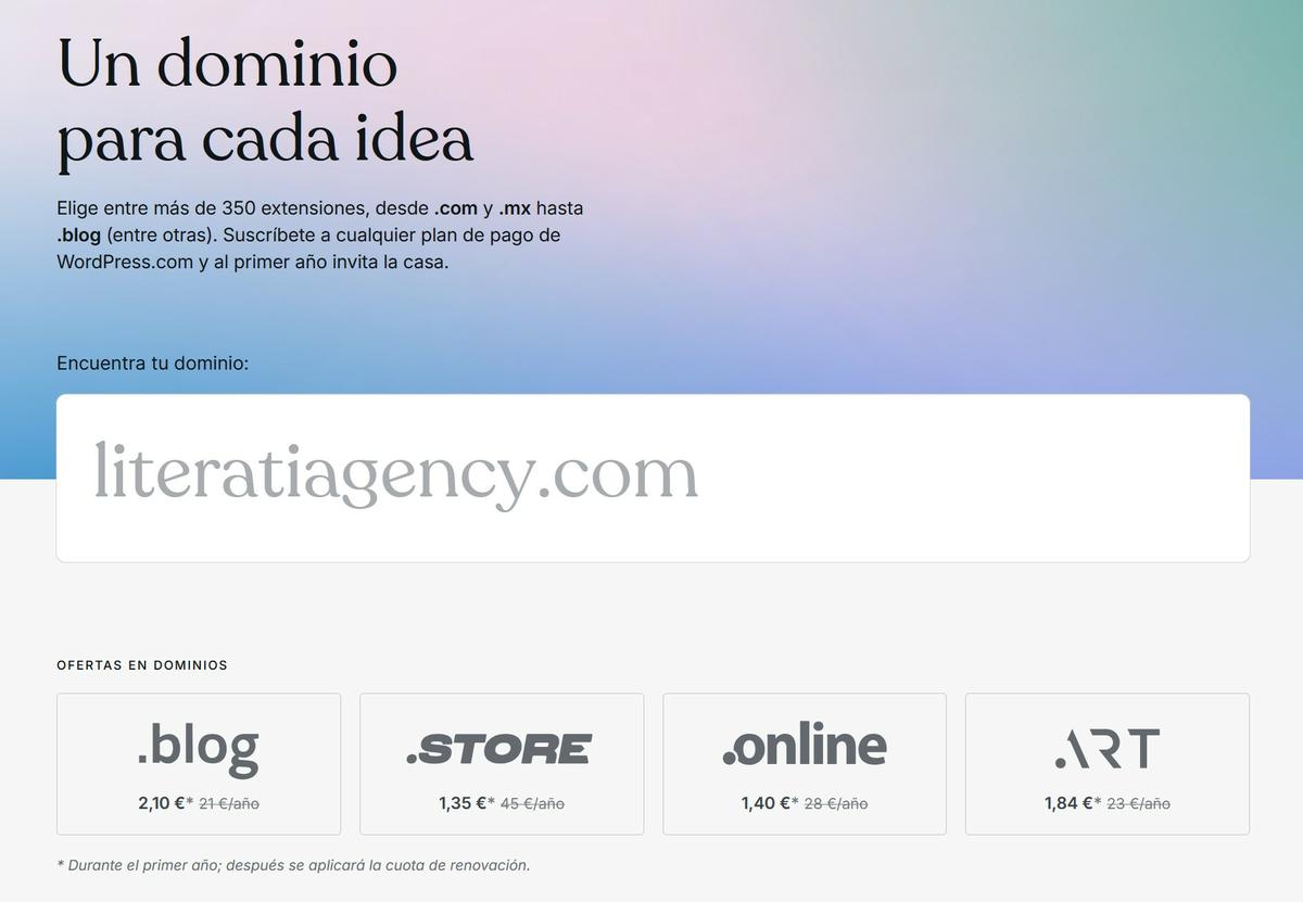 La herramienta de búsqueda de dominios de WordPress.com con el título Un dominio para cada idea y un cuadro de búsqueda para buscar un dominio.