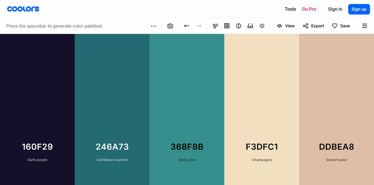 Ejemplo de un esquema de colores de Coolors en azul, gris y turquesa.