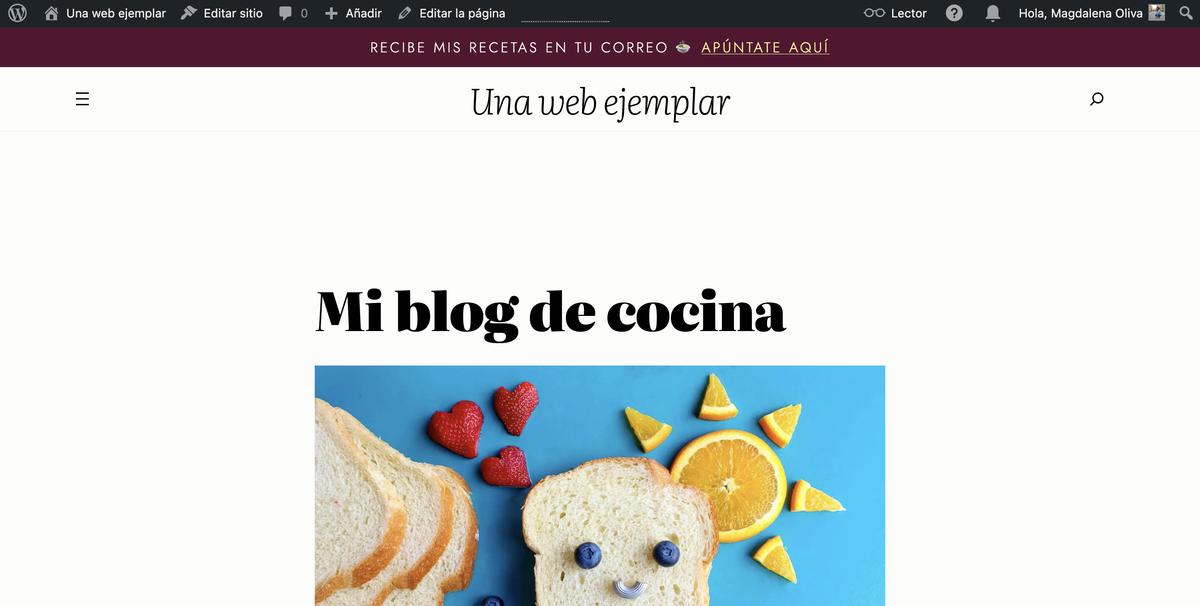 El front-end de una nueva web de WordPress con una cabecera que dice Mi blog de cocina con una foto de comida.