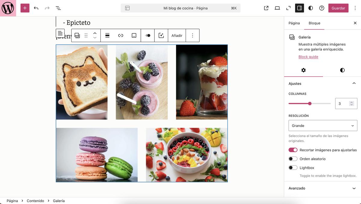 Ajustes del bloque de imagen Galería en WordPress con una galería de cinco imágenes en el editor.