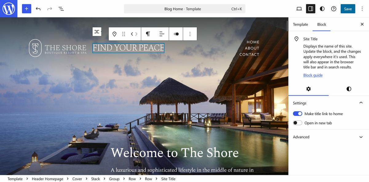 El editor de la página de inicio de un sitio de WordPress llamado The Shore.