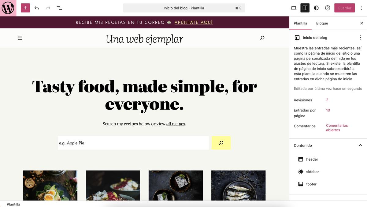 Una captura de pantalla de la plantilla de página Inicio del blog de un blog de cocina en WordPress.com.