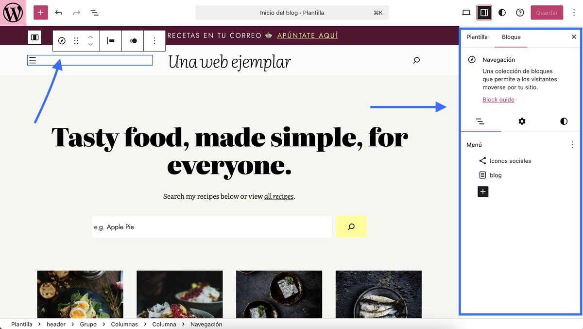 Cuadros y flechas azules destacan el menú de ajustes del bloque Navegación.