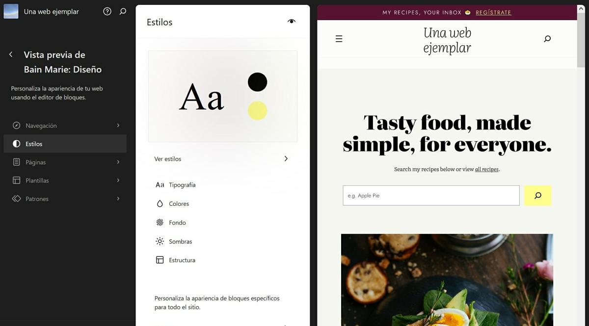 La página de Previsualizar y personalizar de un tema en WordPress.com.