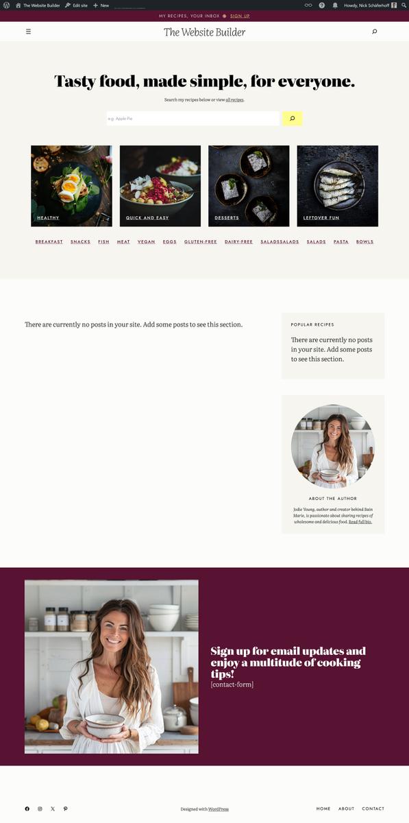 Una web de WordPress.com con el tema Bain Marie. Muestra secciones en colores beige, blanco y granate y el título The Website Builder con el subtítulo Tasty food, made simple, for everyone.