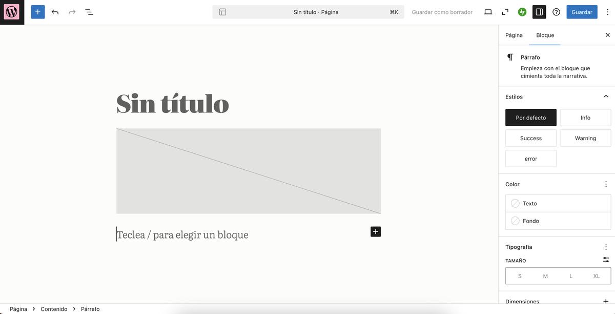 El editor de páginas de WordPress en WordPress.com.