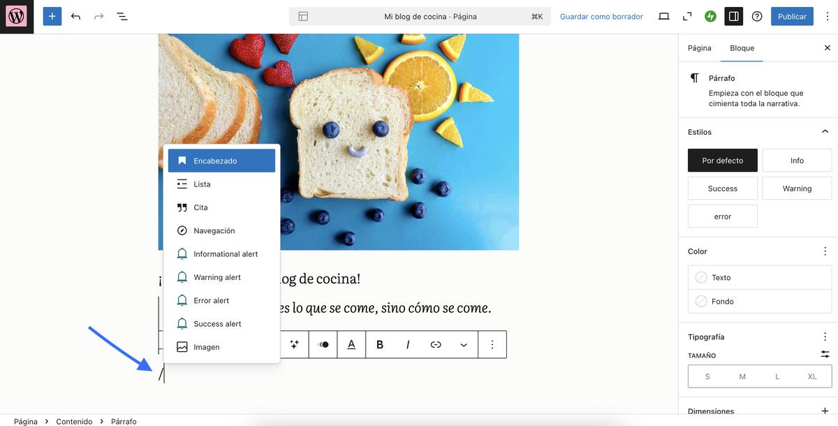 El insertador de bloques aparece al escribir una barra (/) en el editor de páginas de WordPress.