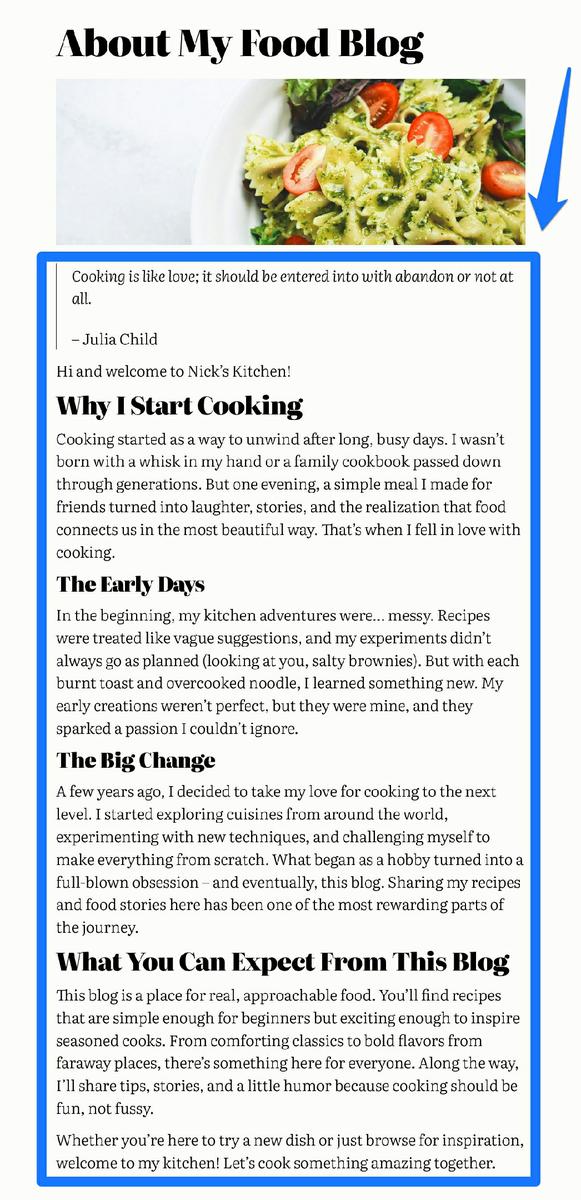Un cuadro azul y una flecha llamado la atención sobre el contenido del blog con encabezados como ¿Por qué empecé a cocinar? y Los primeros días.