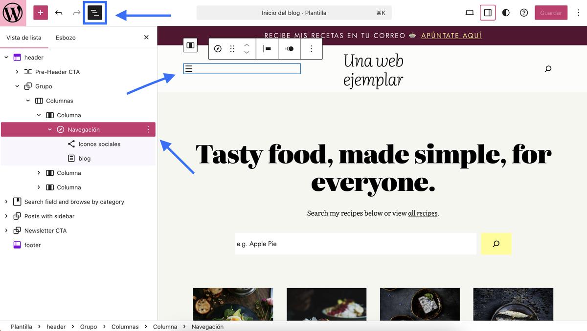 Flechas azules y cuadros destacando el botón Resumen del documento en el editor de WordPress.