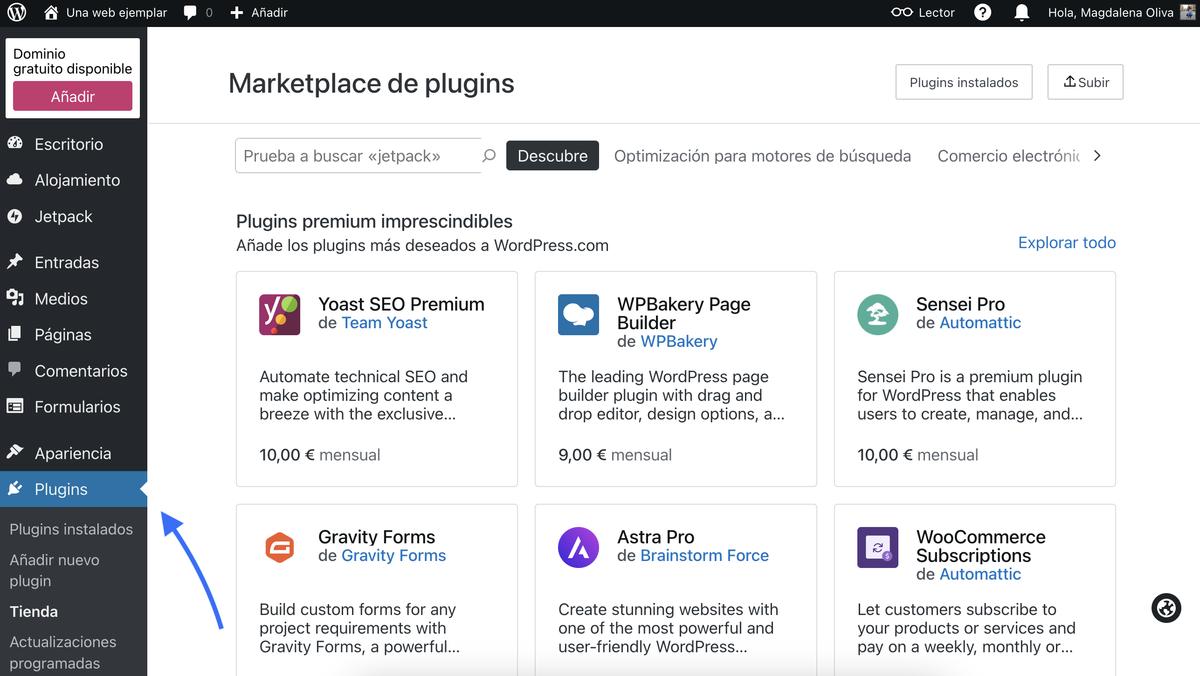 El menú de plugins de WordPress en WordPress.com.