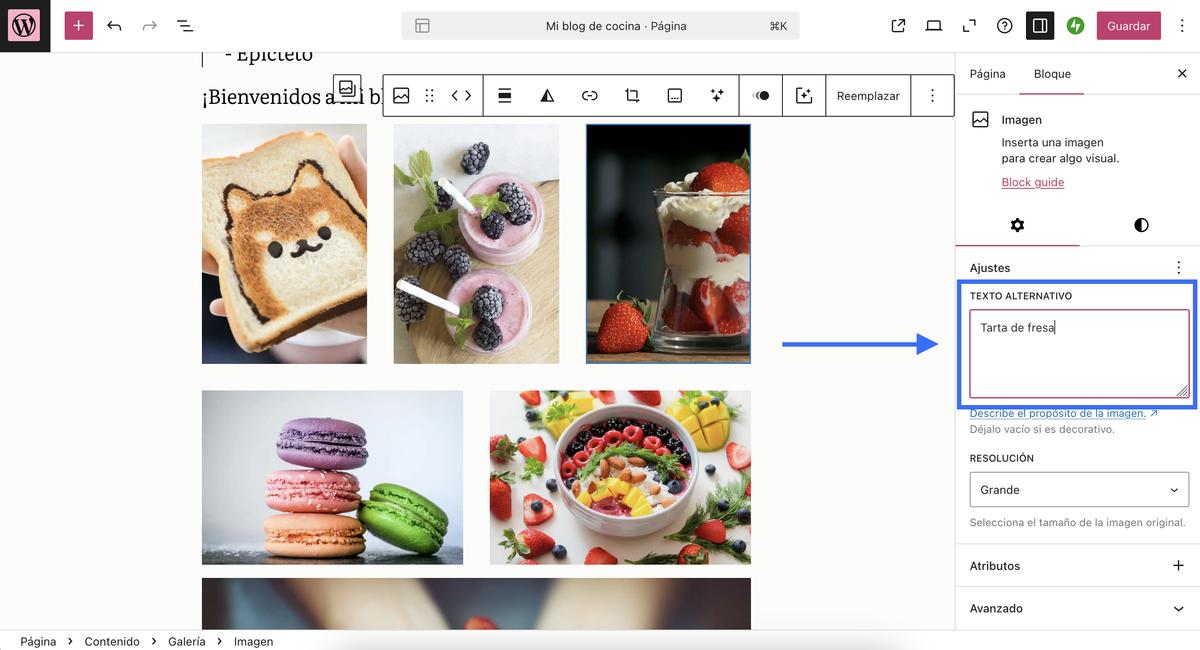 Un cuadro azul y una flecha señalando cómo añadir texto alternativo a las imágenes en WordPress.