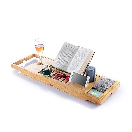 InnovaGoods® Bandeja bañera de Bambu, Bandeja baño Extensible 70-104 cm, Incluye Bandeja extraíble, Bandeja baño con Ranura de sujeción para Smartphone, Soporte para Copas y 3 Niveles de inclinación.