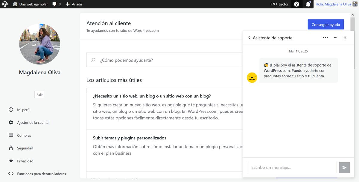 La ventana de ayuda de WordPress.com con un mensaje de bienvenida sobre la página de soporte de WordPress.com/me.