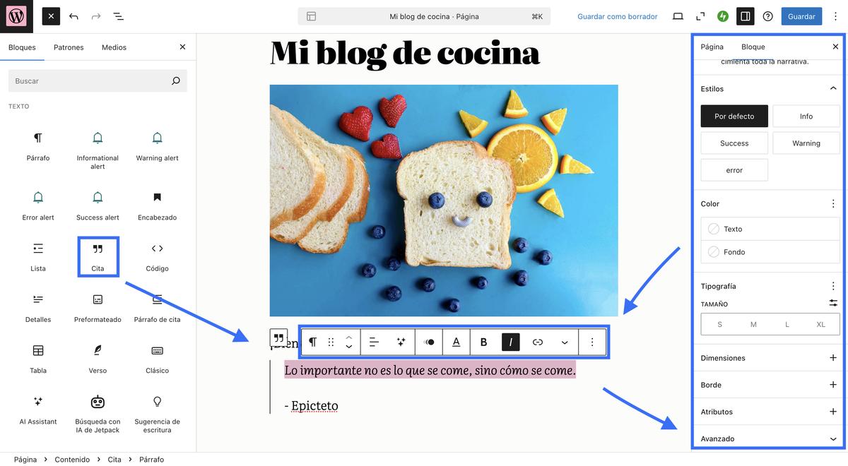 Flechas azules señalando cómo insertar y editar bloques en el editor de páginas de WordPress.