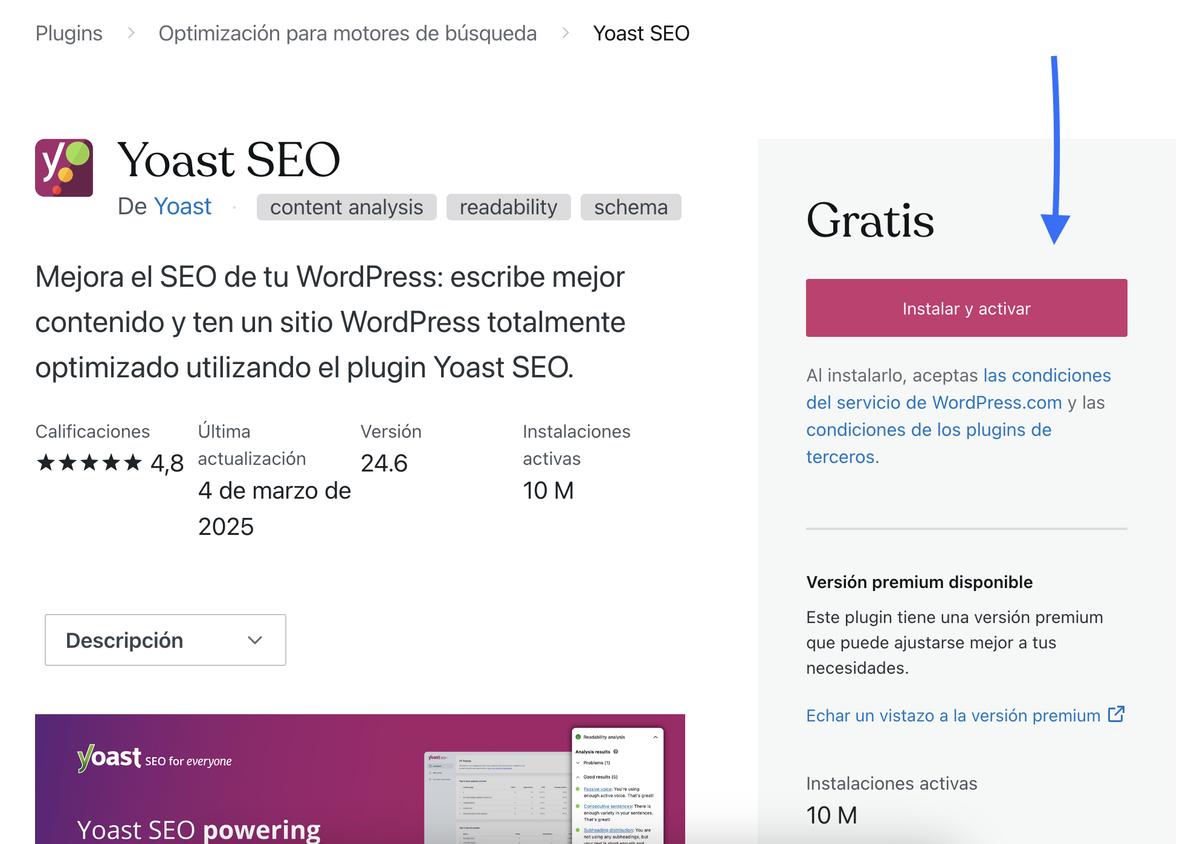 La página de Instalar y activar del plugin Yoast SEO en WordPress.com.