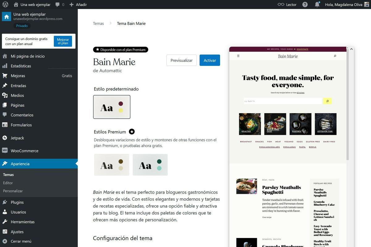 Vista general de la página del tema Bain Marie en WordPress.com.