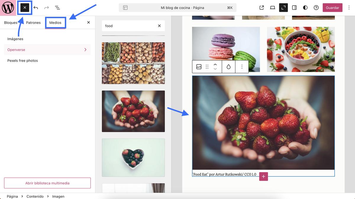 Flechas mostrando cómo añadir imágenes desde Openverse al editor de WordPress.com.
