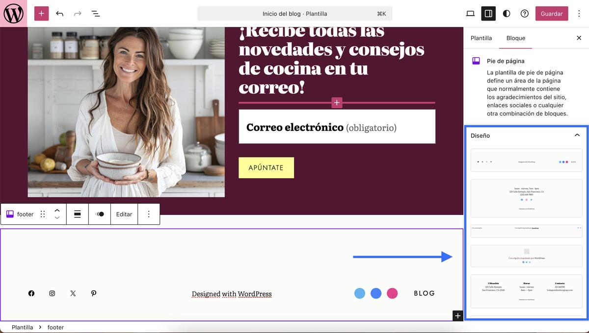 Cuadros azules y flechas señalando diseños de plantillas de pie de página en el editor de WordPress.