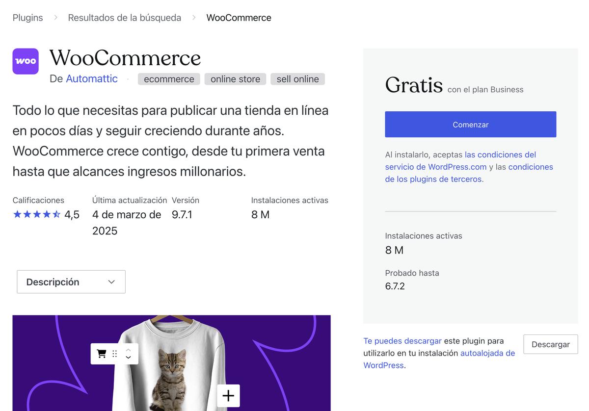 La página del plugin WooCommerce en WordPress.com.