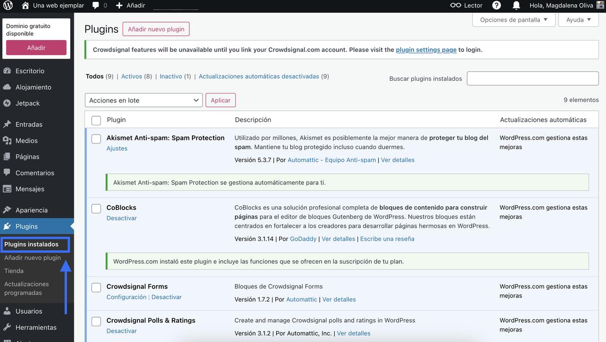 La página de plugins instalados de WordPress.com.