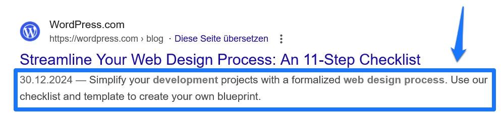 Un cuadro azul y una flecha señalando a la descripción meta de un resultado de búsqueda de Google.